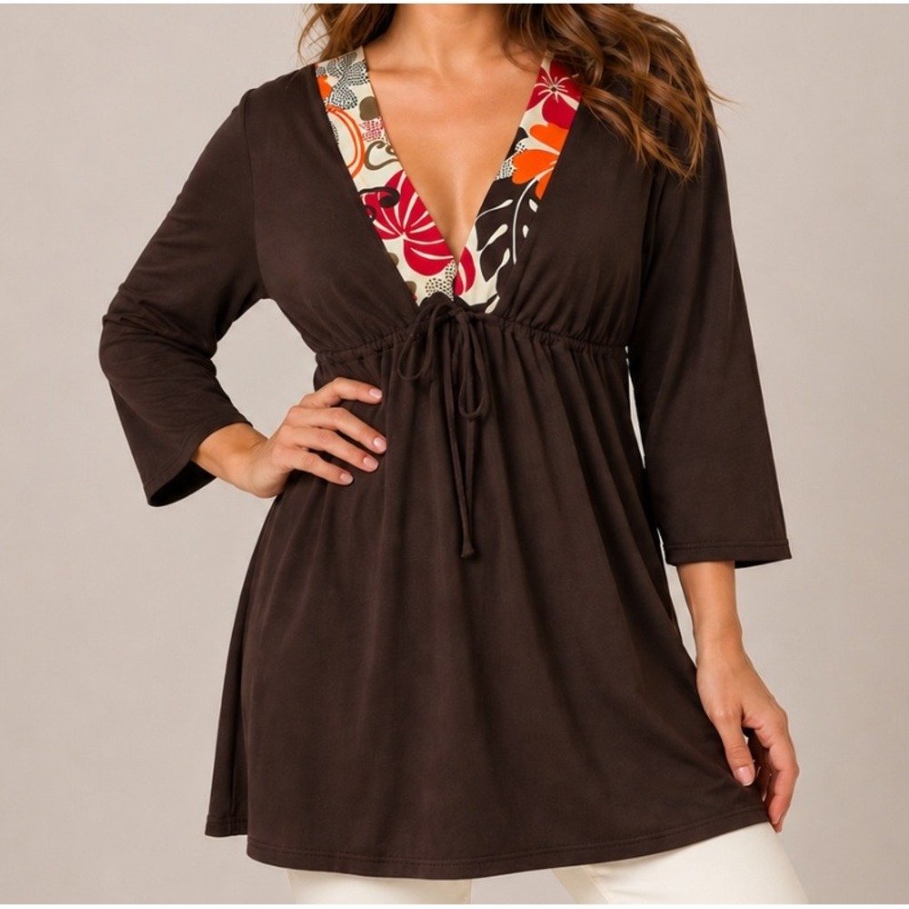 Women Y2k Babydoll Tunic Top M Floral V-Neck 3/4‎ Sleeve Brown Fairy Grunge